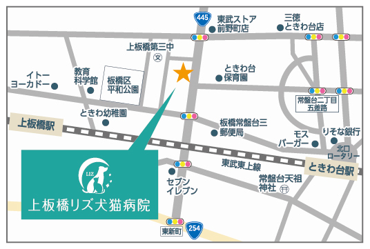 常盤台（ときわ台）近く夜間救急対応の犬猫専門動物病院である上板橋リズ犬猫病院の地図