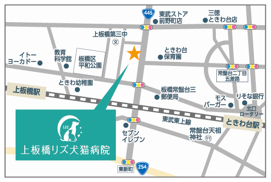 アクセス 上板橋リズ犬猫病院 板橋区常盤台 ときわ台 の夜間救急対応動物病院